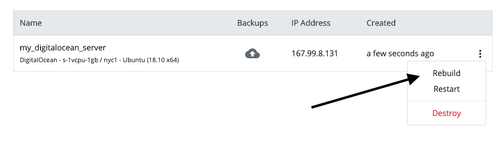 The Rebuild button in the server control panel