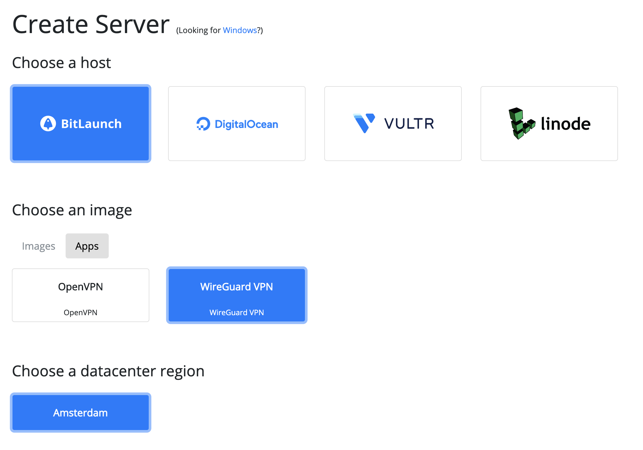 The BitLaunch server creation panel