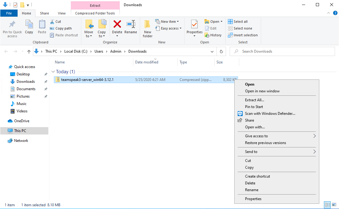 The teamspeak zip with the extraction interface