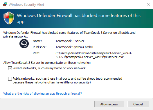  Windows Defender Firewall prompt for TeamSpeak 3 server
