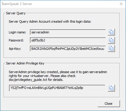 The Teamspeak 3 server window with login and API details