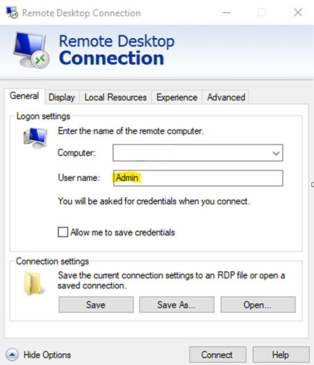 Remote desktop connect app with "Admin" typed in the "User name" field