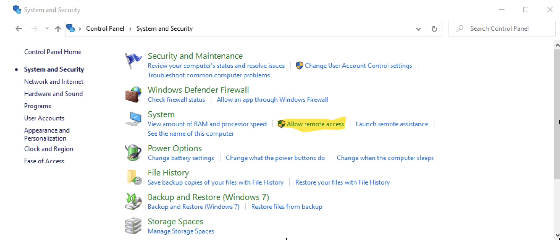 System and Security Control Panel screen with "Allow remote access" highlighted