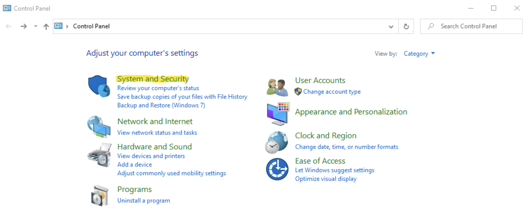 Control Panel with "System and security" higlighted