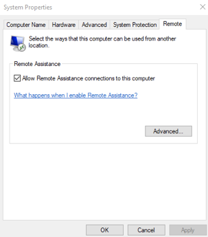 The "Remote" tab of system properties with the "Allow Remote Assistance connections to this computer" option ticked