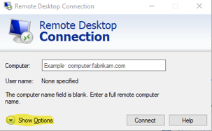 Remote Desktop connection window with "Show options" higlighted in the bottom left