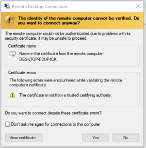 Remote desktop certificate warning