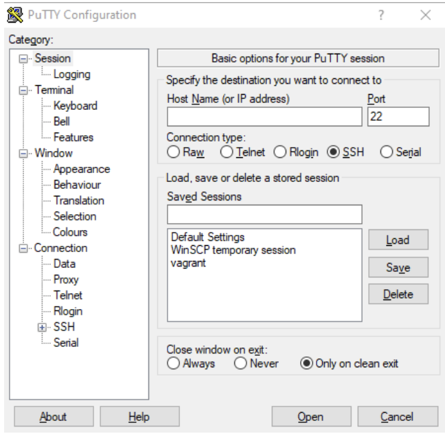 The PuTTy connection interface