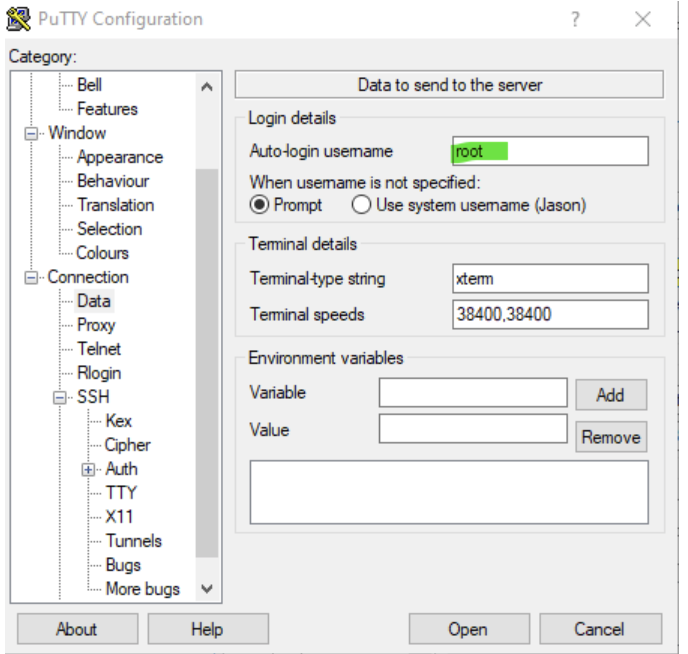 The auto-login username field, populated with "root"