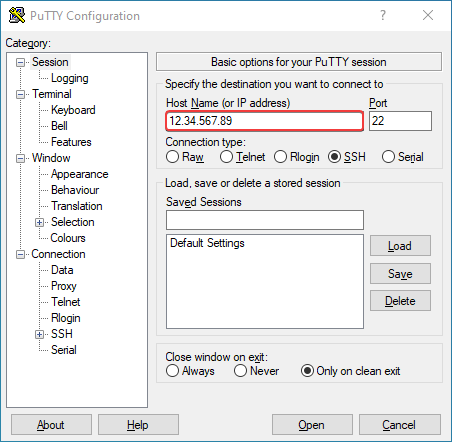 The PuTTy host name field, populated with an example IP address