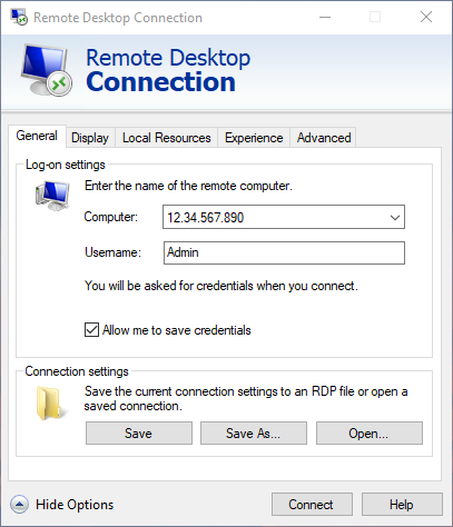 The Windows RDP interface