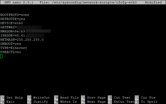 eth0 config opened in nano