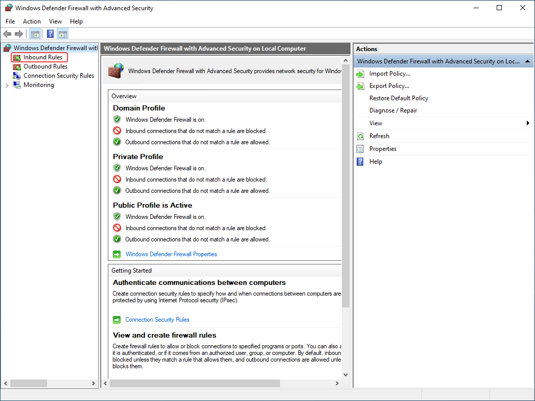 Windows Defender Firewall > Inbound rules