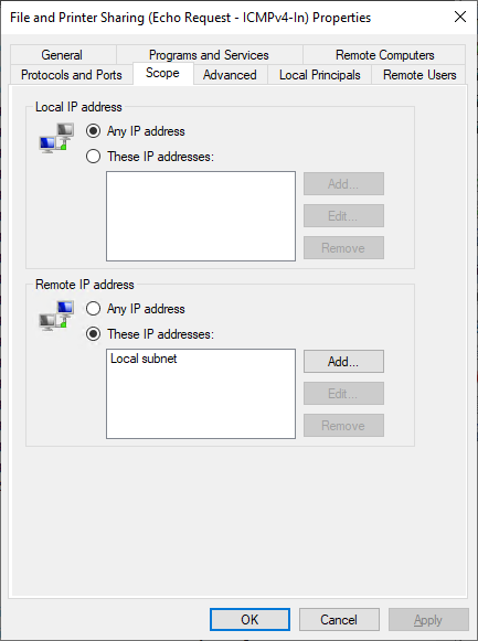 Scope heading in File and Printer sharing