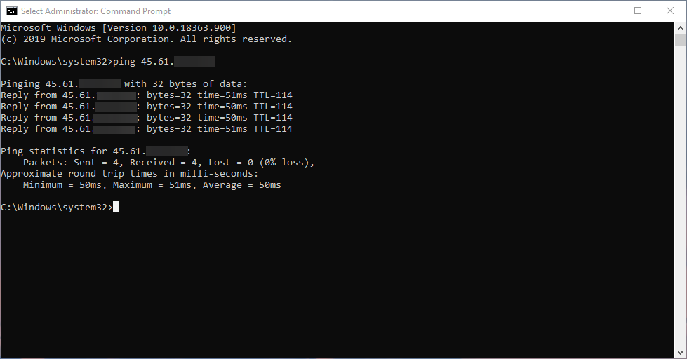 Command prompt output fro a successful ping of the server