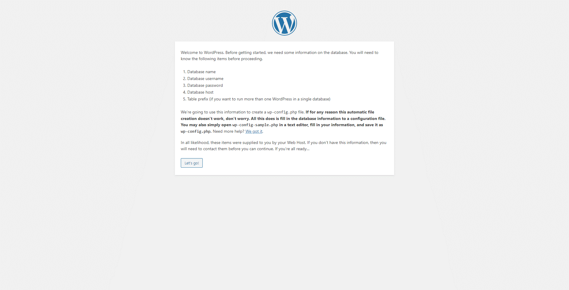 The WordPress installation welcome screen