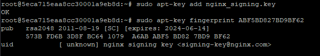 Command line returns: pub rsa2048 2011-08-19 [SC] [expires: 2024-06-14] 573B FD6B 3D8F BC64 1079 A6AB ABF5 BD82 7BD9 BF62