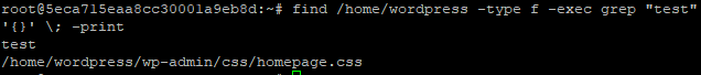 Command line output reads: "test /home/wordpress/wp-admin/homepage.css