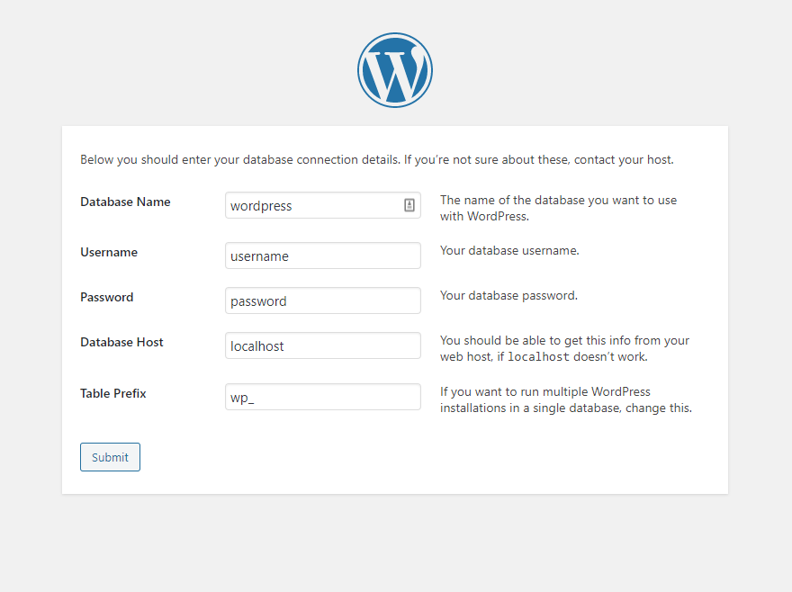 WordPress database setup screen