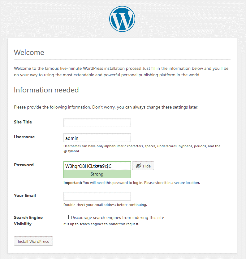 WordPress' account setup screen