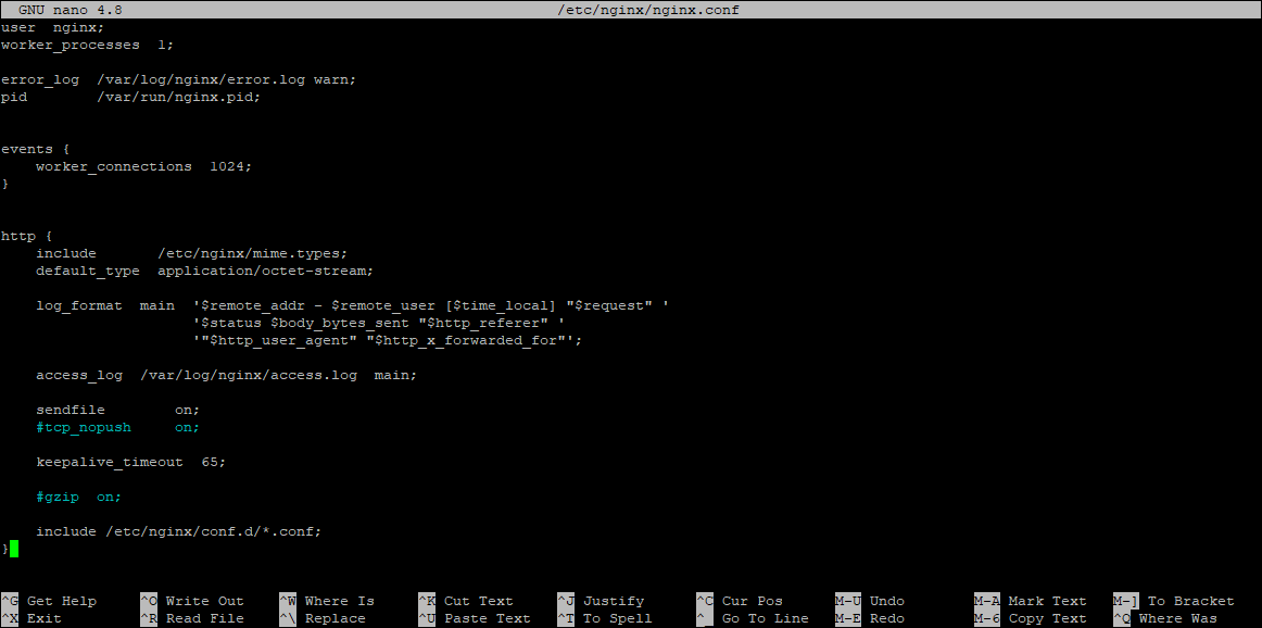 The nginx.conf file, opened in nano