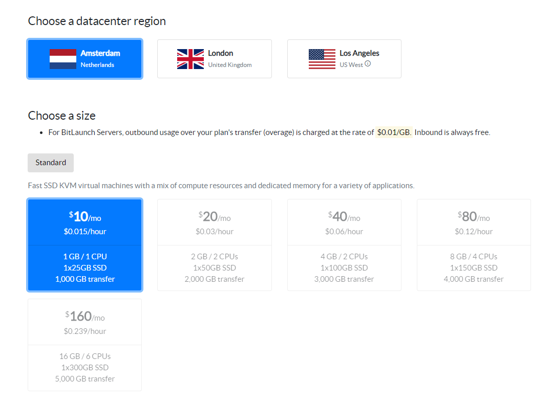 Selection of the Amsterdam datacenter region and $10 plan in the BitLaunch setup proccess