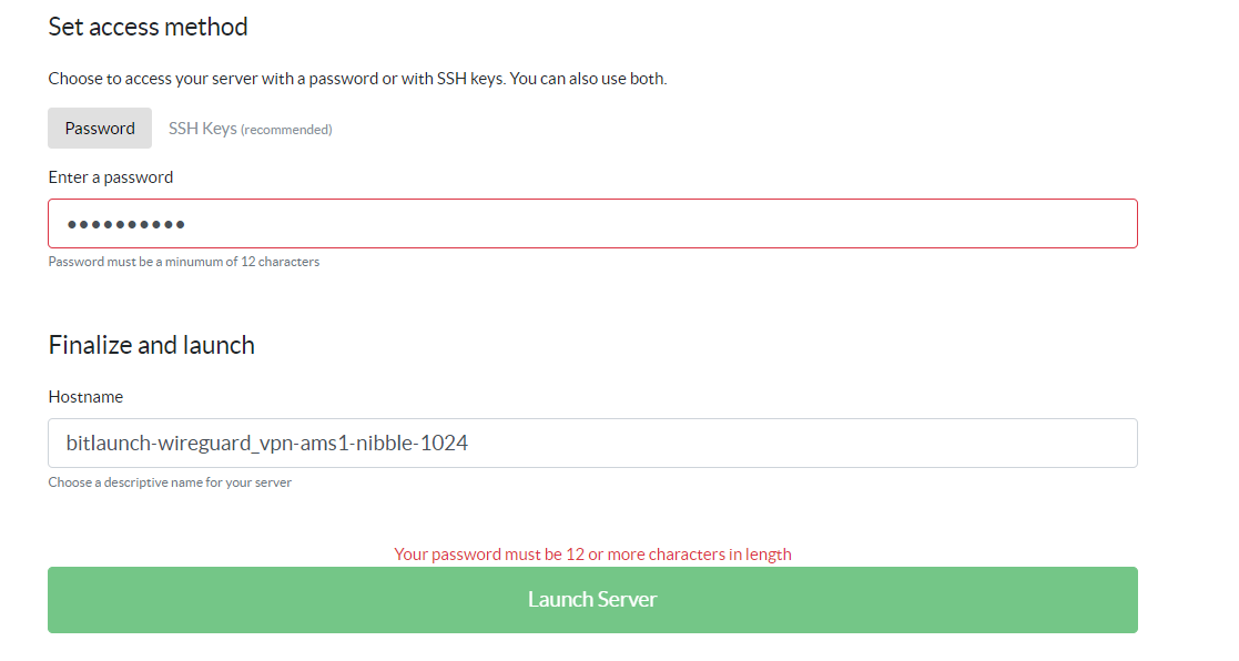 Password and Launch server fields in the control panel
