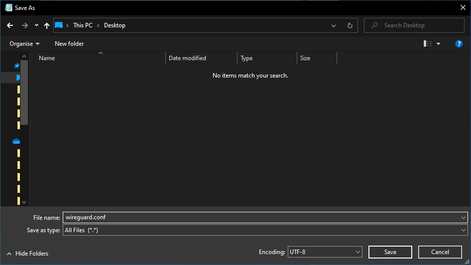 A Windows Explorer window, with the file name "wireguard.conf" and "All files" in the "Save as type" field