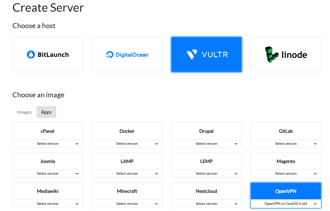 Vultr VPN app setup in the BitLaunch control panel.