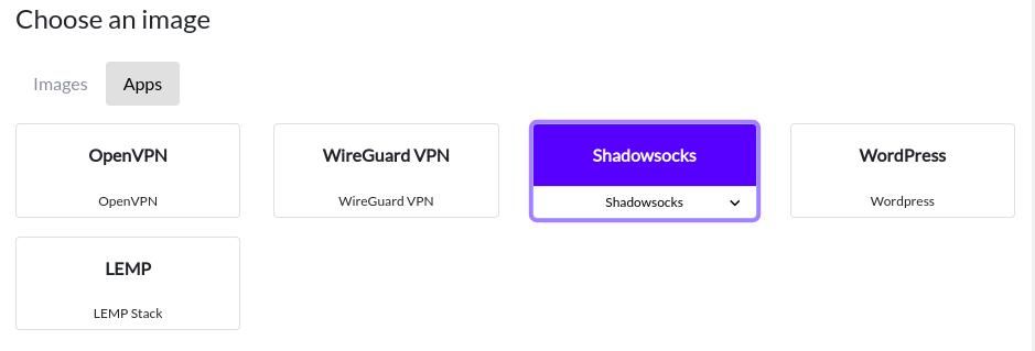 The "Choose an image" section of the server creation panel, with "Shadowsocks" selected