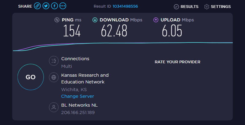 WireGuard speedtest results: Ping 154 ms - Download 62.48 Mbps - Upload 6.05 Mbps