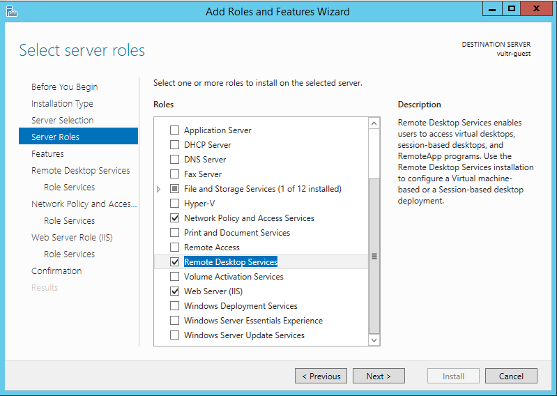 Roles and features wizard enable remote desktop services screen