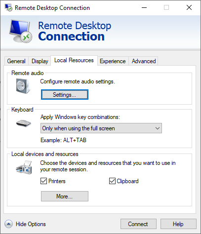 Remote Desktop Connection - remote audio settings