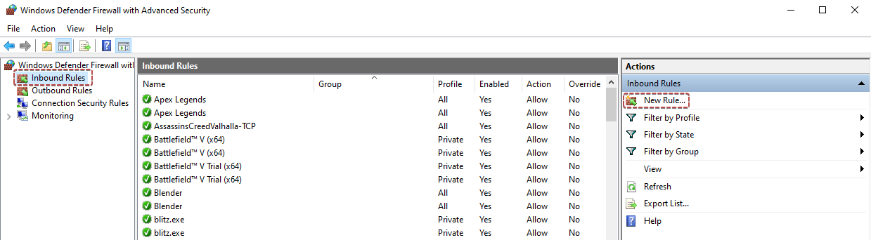 Inbound rule creation in Windows Defender Firewall