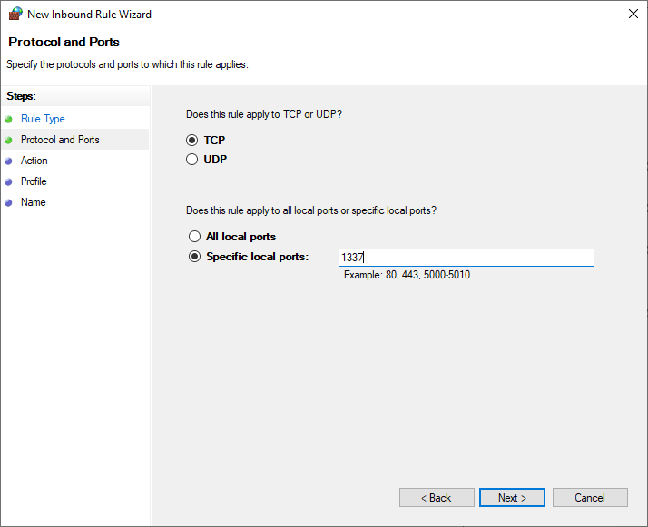 Specifc local port selection Windows Defender Firewall