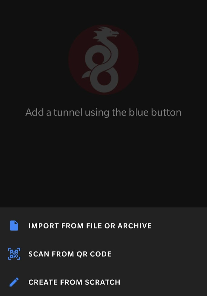 Android Wireguard context menu  with options - Import from file or archive - can from qr code - create from scratch