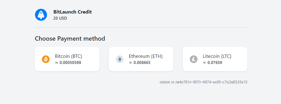 The BLPay payment screen with Bitcoin, Etherum, and Litecoin options