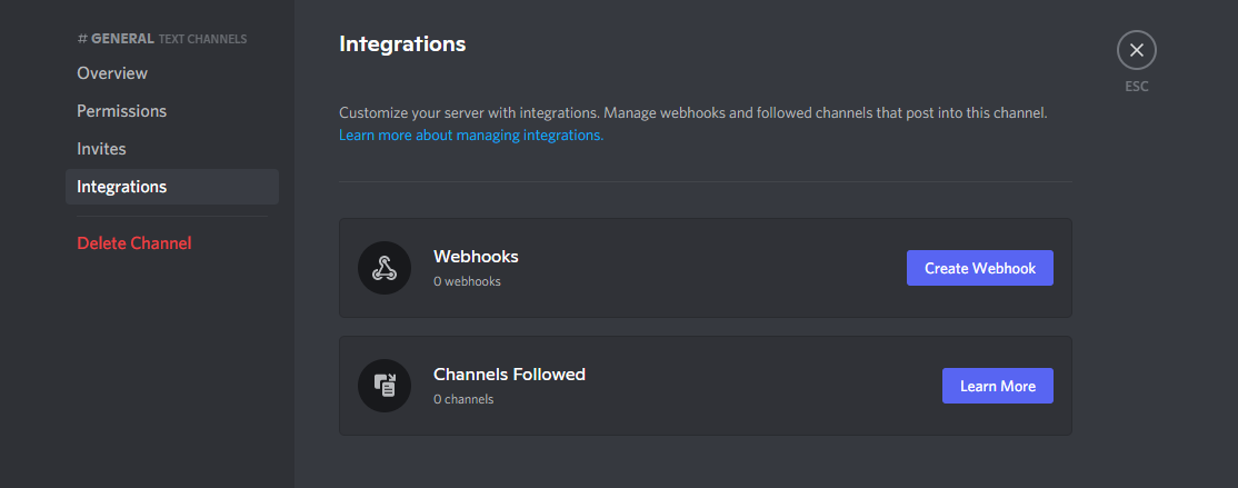 Discord create webhook integration