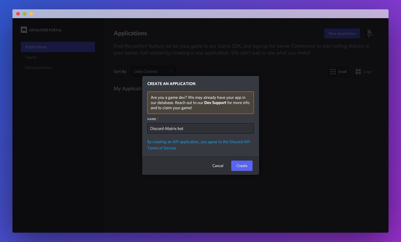 The create an application window, with a field named "discord-matrix bot" and a create button below