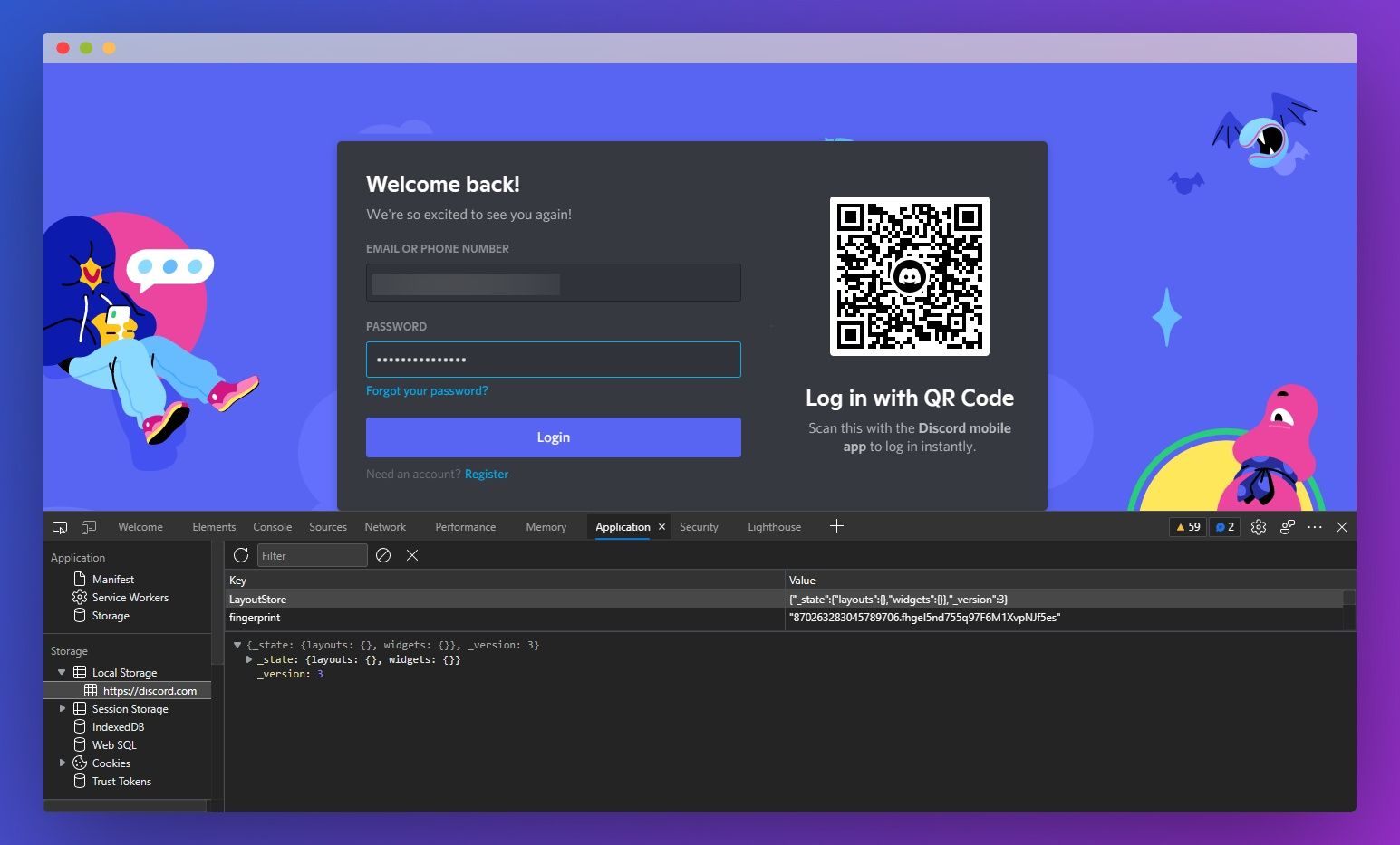 The discord login screen with developer console opened at the bottom half of the browser window