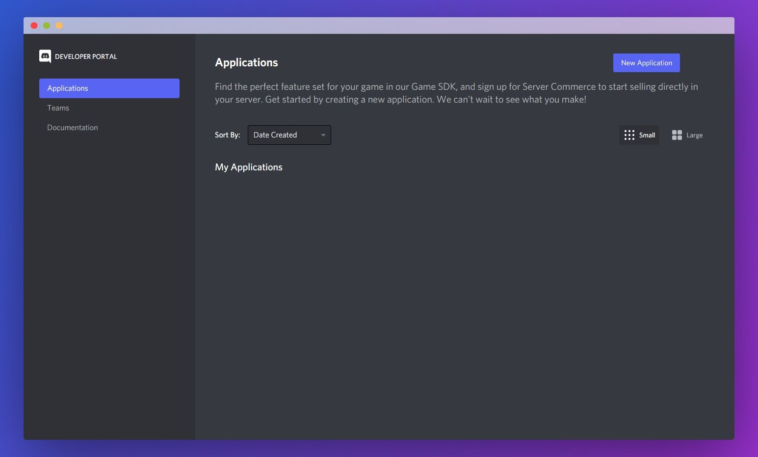 The discord applications tab in the developer portal - sidebar with teams and documentation on the left with an "applications" heading in the main pane and a blue-purple "New Application" button next to it.