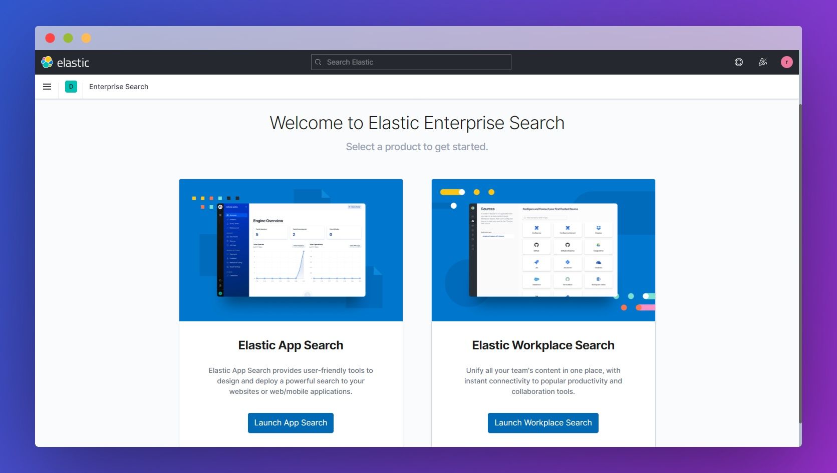 elasticsearch enterprise search home screen