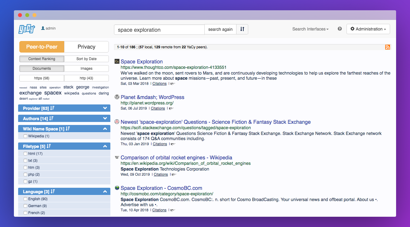 YaCy search page for space exploration