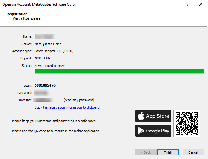 Metratrader account creation finished