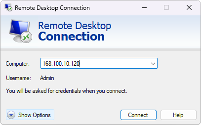 The RDP connection screen