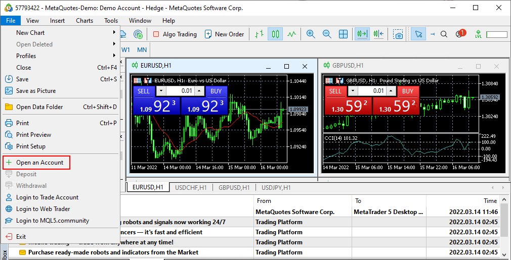 Metatrader 4 file>open a new account interface