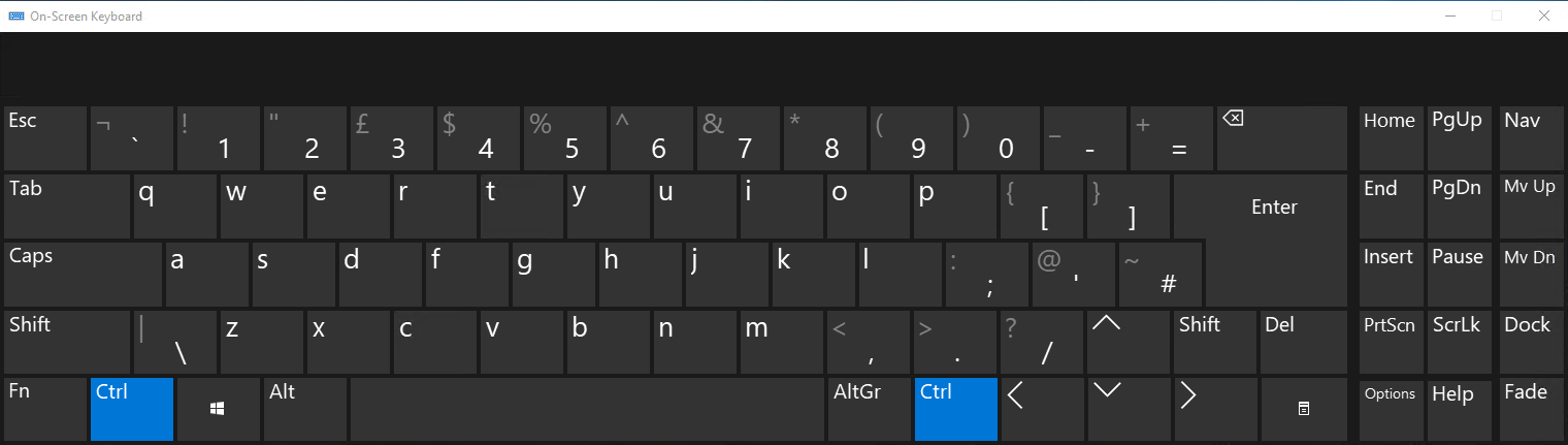 On screen keyboard with Ctrl highlighted