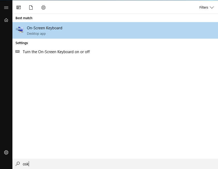 Start menu search bar with the letters osk typed