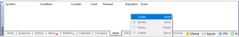Create alert in the alerts tab