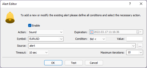 Alert editor window